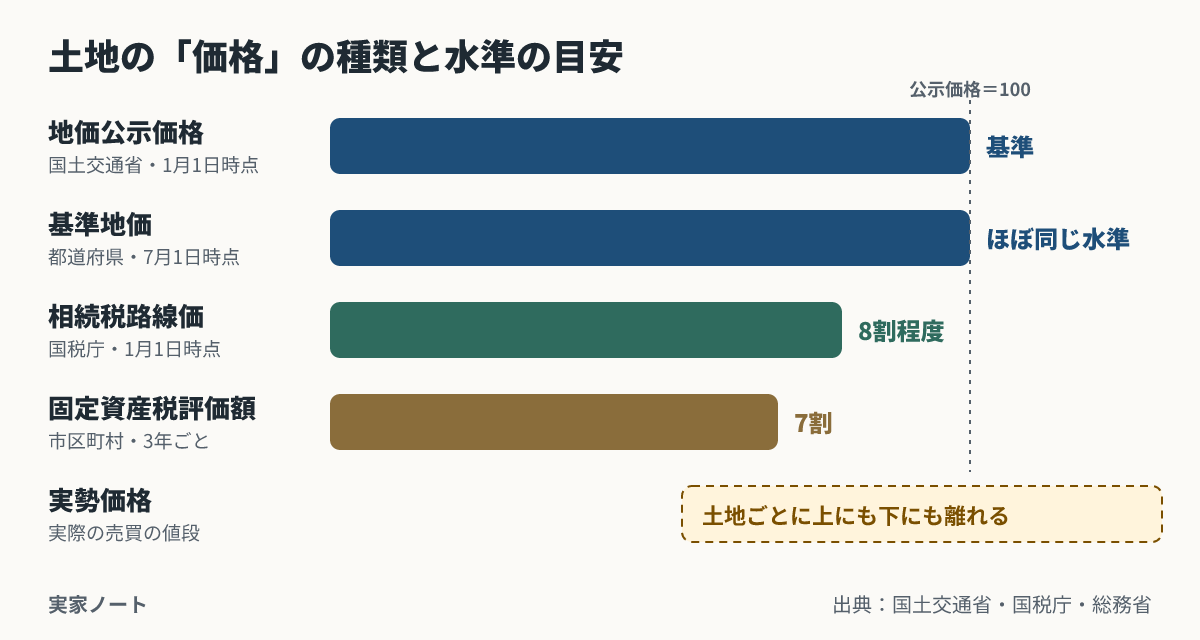地価公示価格を100としたときの目安。基準地価はほぼ同じ水準、相続税路線価は80程度、固定資産税評価額は70程度。実勢価格（実際に売れる値段）は土地ごとに上にも下にも離れる