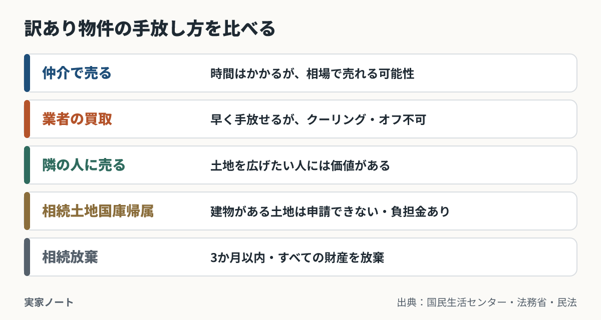 訳あり物件の手放し方の比較。仲介で売る:時間がかかるが相場で売れる可能性。業者の買取:早いがクーリング・オフ不可。隣の人に売る:土地を広げたい人には価値がある。相続土地国庫帰属:建物がある土地は申請できない、負担金がかかる。相続放棄:3か月以内、すべての財産を放棄